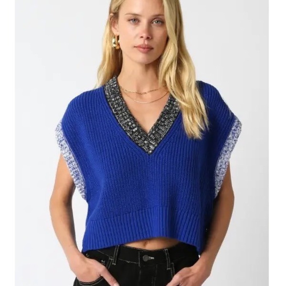 NWT STAUD Americana Sweater Vest Deep Sea Blue V-Neck Cropped Knit XL